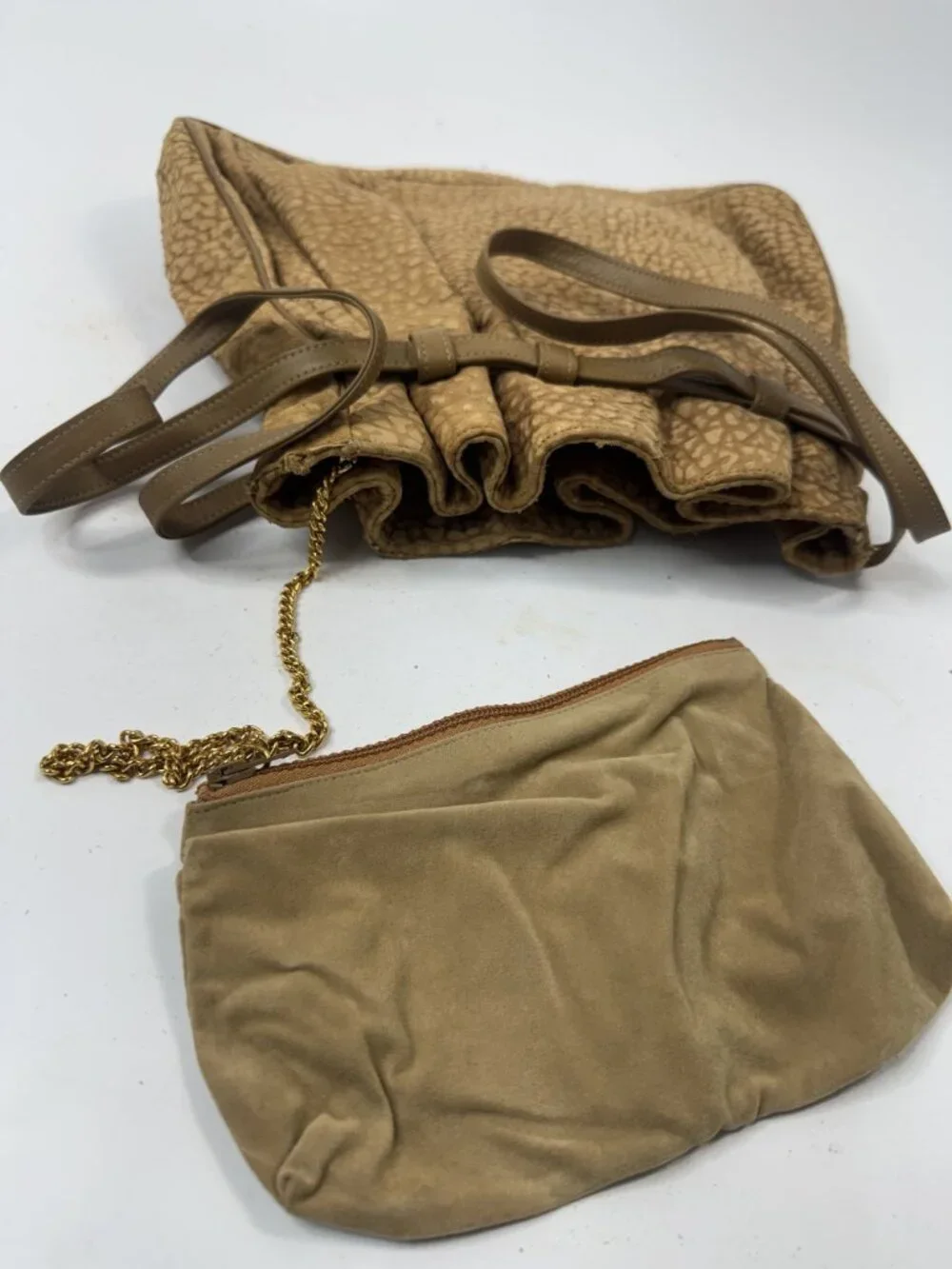 Vintage Tan Textured Suede Drawstring Bag With Inner Pouch & Adjustable Straps